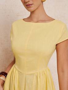 Lumalex 女士优雅纯色露背连衣裙，夏季 - 黃色 - 查看 8