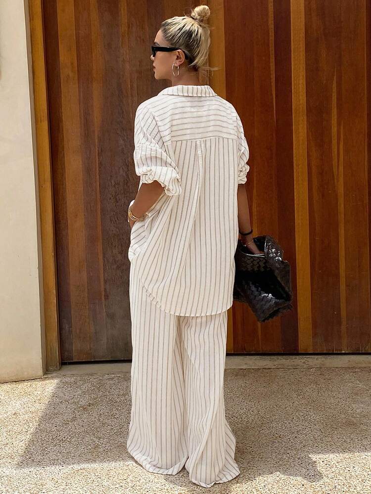 Autumn/Winter New Loose Casual Striped Women 2 Pieces Set Summer