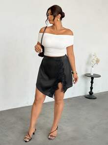 Firerie Plus Size Women Black Elegant Summer Night Contrast Lace Side Slit Hem Fashionable Skirt,Curve Side Split Cover Up Skirts - Black - View 6