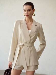 MOTF PREMIUM 闪亮金色亮片亚麻时尚女式西装外套 - 杏色 - 查看 5