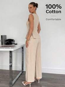 Siren Gaze 女士纯色简约无袖上衣和裤子两件套，休闲日常穿着 - 杏色 - 查看 3