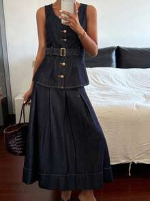 Livesso Conjunto de top sin mangas de algodón azul y falda vaquera para mujer - Azul - Ver 5