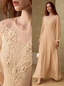 MOTF PREMIUM CHIFFON ROUND NECK DRESS WITH EMBROIDERED BEADED DETAIL, ELEGANT MINIMALIST - Camel - View 8