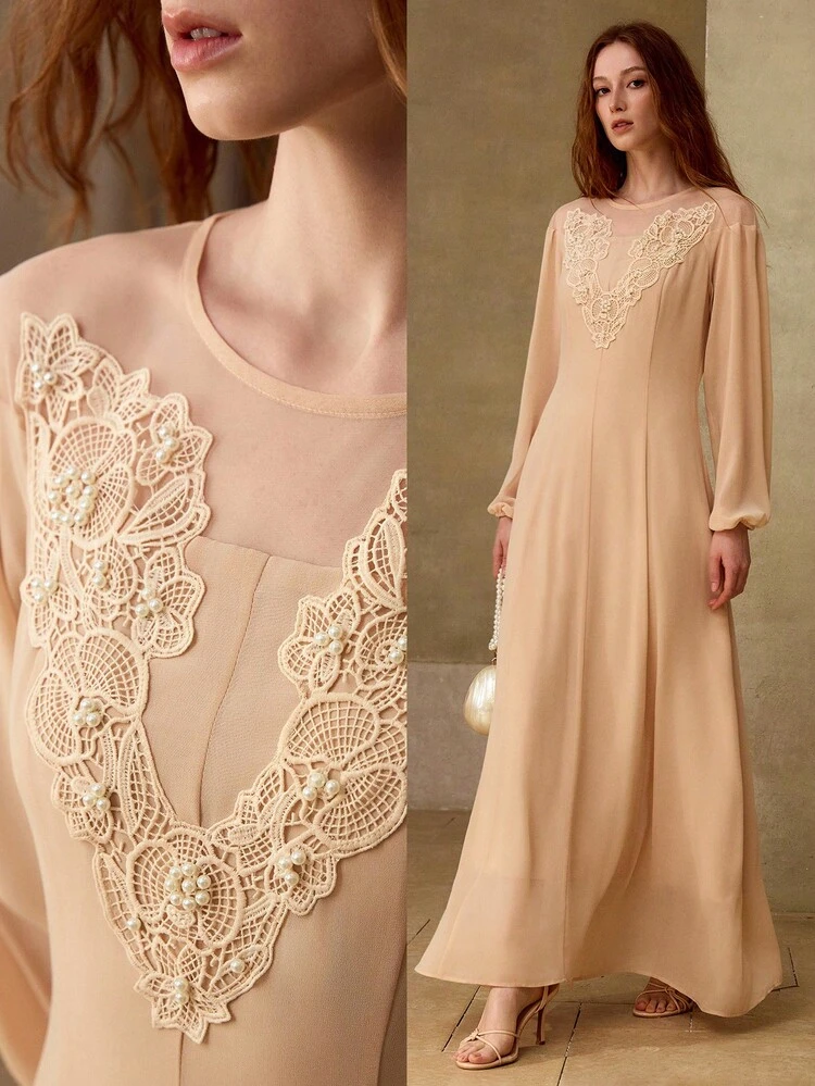 CHIFFON ROUND NECK DRESS WITH EMBROIDERED BEADED DETAIL, ELEGANT MINIMALIST