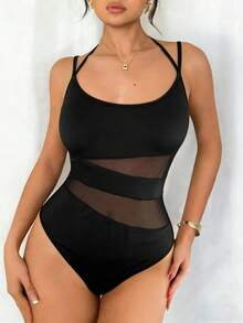 Rafferiza Modischer figurbetonter Mesh-Patchwork-Camisole-Bodysuit, Schwarz, vielseitig tragbar als Pendlerkleidung für Frühling/Sommer - Schwarz - Übersicht 6