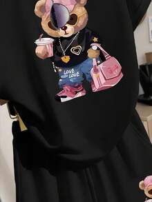 Teen Girls Black Casual Loose Fit Short Sleeve T-Shirt Set, Cool Sunglasses & Bear Print Pattern, Pockets, Suitable For Spring & Summer, Comfortable Casual Wear, Cool Summer Series, Must-Have For Teenage Girls, Back To School Essential, Summer Girls Fashion Basics, Spring & Summer Korean Style, Daily Teenage Fashion - Multicolor - View 7