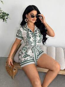 Vavine Women's Tropical Plant Print Short Sleeve Casual Shirt & Shorts Jumpsuit - Multicolor - View 4