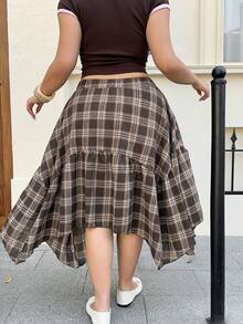 SHEIN EZwear 大码复古休闲格子不对称下摆半身裙，秋季 - 彩色 - 查看 2
