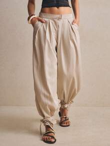 Poéselle Women's Striped Pocket Casual Versatile Daily Wear Pants,Striped Wide Leg Pleated Pants With Ankle Tie, High Waist Loose Fit Trousers, Casual Spring Summer Office Outfit For Women - Multicolor - View 6