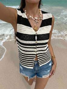 SHEIN EZwear Áo vest dệt kim khoét lỗ một hàng cúc, kẻ sọc nhiều màu dành cho nữ - Nhiều màu - Xem 10