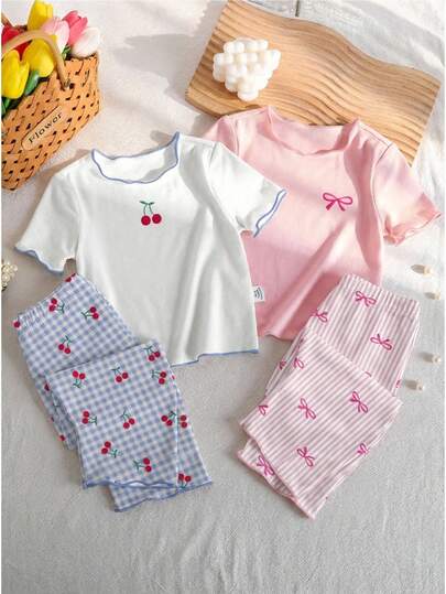 SHEIN Playful Pals Baby Girls Pajamas Set, Butterfly Graphic Thermal Crewneck Top With Frill Trim Paired With Pink Striped Bow Pants, Comfortable Home Outfit