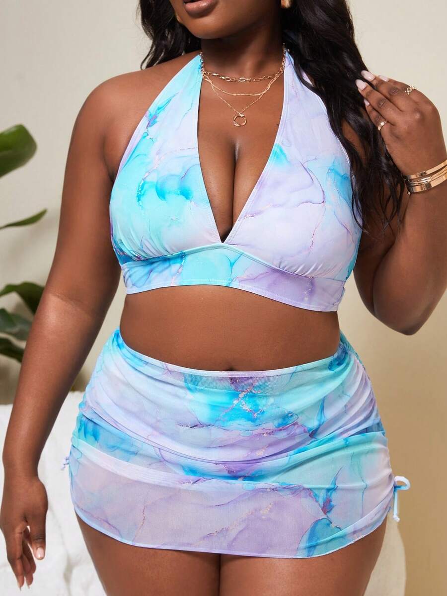 Slaydiva 2026 Primavera/Estate Taglie Forti Stampa Sfumata Modellante Spiaggia Vacanza Sexy Set Costume da Bagno 3 Pezzi Con Copricostume Con Coulisse Outfit da Spiaggia Per Donna Taglie Forti Abbigliamento Resort Curve Set 3 Pezzi Outfit Brunch Per Donne Set 3 Pezzi Outfit Vacanza Donne Curve - Multicolore - Visualizzare 1
