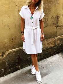 Linavere Women's Fashionable Elegant Turndown Collar Button Dress With Belt - Commuting Casual Style - Short Sleeve White Dress, Spring/Summer - White - View 3