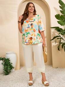 EMERY ROSE Set de 2 piese casual pentru femei, mărime plus, cu imprimeu de palmier și pantaloni, cămașă și pantaloni - Multicolor - Vizualizare 4