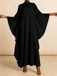 Vesra Burgundy Collared Draped Ruffle Sleeve Loose Robe - Black - View 3