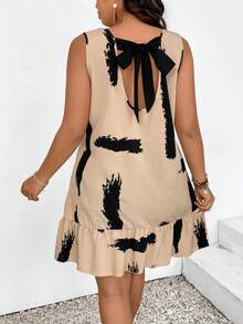 SHEIN Unity Plus Size Women's Brush Printed Back Tie-Up Summer Boho Dress Party, For Apple And Rounded Body Shape - Khaki - View 3