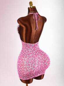 Amplova Women's Fashion Sexy Lace Patchwork Leopard Print Backless Bodycon Mini Dress - Pink - View 7