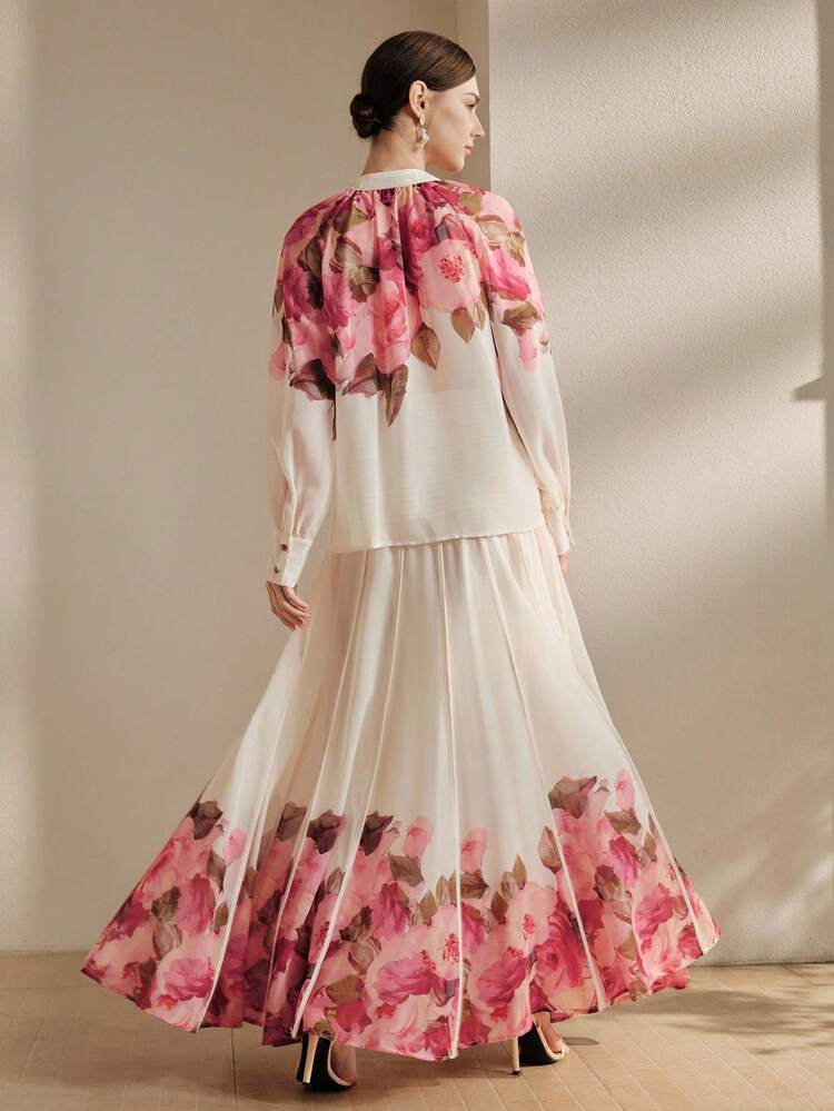 Women's Elegant Sheer Placement Print Skirt With Drawstring Design, 2 Pieces Vacation Outfits