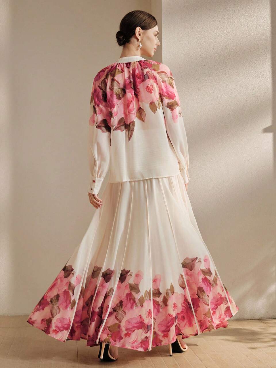 Women's Elegant Sheer Placement Print Skirt With Drawstring Design, 2 Pieces Vacation Outfits
