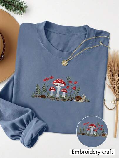 INAWLY Camiseta de manga larga bordada con diseños de setas, plantas y flores, estilo bordado, para mujer en otoño, hermana, actual, blusas de moda, camiseta estética, regalo para hermana, regalo para mamá, top de moda minimalista casual