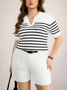 Zelara Plus Size Women's Black And White Striped Polo Shirt,Short Sleeve Knit Top For Summer Vacation Holiday,Traditional Sailor Nautical Yacht Outfit - Black and White - View 5