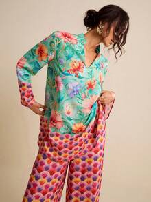 LOTSLUV 女士绿色和玫瑰红波西米亚风优雅印花宽松衬衫，春夏款 - 彩色 - 查看 6