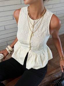 Siren Gaze 春季新款提花吊带背心，收腰荷叶边设计，可爱女式衬衫 - 杏色 - 查看 6