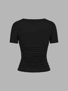 SHEIN EZwear Bộ 4 áo thun nữ tay ngắn cổ tròn màu trơn, kiểu dáng tối giản, thoải mái, thích hợp cho mùa xuân/hè. - Nhiều màu - Xem 10