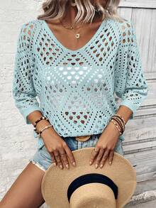 Breezaya Blusa holgada de mujer de manga 3/4 con diseño calado de punto - Azul - Ver 7