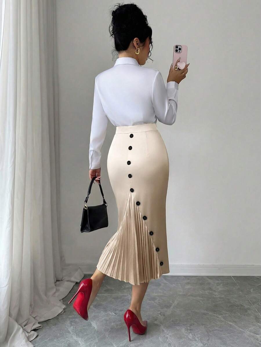 Selianne Chân váy bút chì xếp ly ôm sát thanh lịch bằng vải satin dành cho nữ. - Màu be - Xem 1