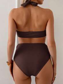 SHEIN Swim Vcay Pregnant Women Summer Beach Solid Color Halter Bikini Set - Rust Brown - View 3