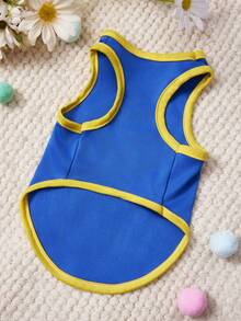 PETSIN 1件蓝色鞋子，印有鲸鱼字母图案的宠物背心，黄蓝拼接，柔软透气，舒适宠物服装 - 彩色 - 查看 4