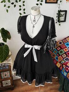 Plus Size Summer Black Short Sleeve Cinched Waist Contrast Ruffle Vintage Elegant Bow Tie Dress - Black - View 7
