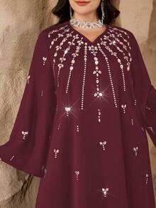 Al Najma Elegant Loose Fit Rhinestone Embellished V-Neck Long Sleeve Dress, Comfortable Shiny Fabric, Suitable For Formal Occasions, Plus Size - Burgundy - View 5