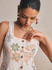 Poéselle Áo tank top nữ kiểu dáng thường ngày in hoa, cài cúc phía trước, thích hợp cho kỳ nghỉ. - Nhiều màu - Xem 3