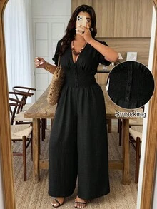 SHEIN LUNE جمبسوت نسائية مقاس كبير مع أكمام خفيفة مطوية وإغلاق بحزام الخصر، كاجوال للربيع/الصيف - الأسود - مشاهدة 6