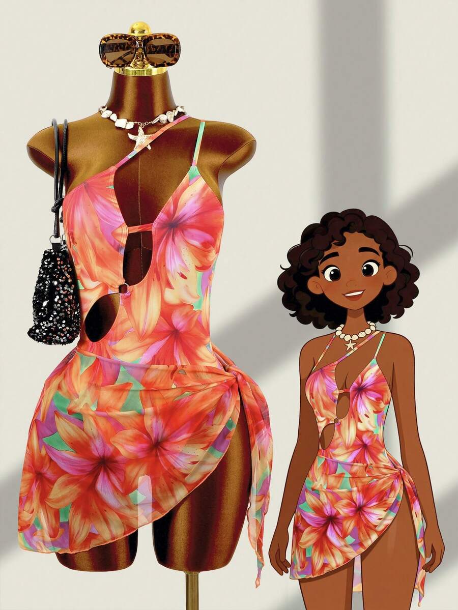 Zestiva Vestido de una pieza con estampado floral, accesorio circular, tirantes irregulares y huecos, espalda descubierta, traje de baño triangular sexy, conjunto de dos piezas para vacaciones de primavera y verano en la playa - Multicolor - Ver 1