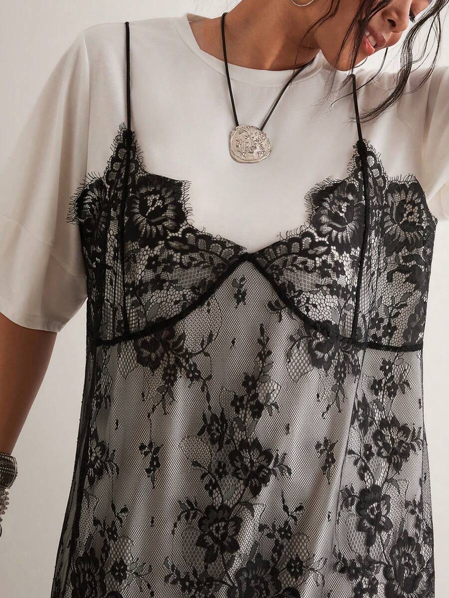 Freevana 大码女式撞色蕾丝圆领短袖休闲两件套连衣裙