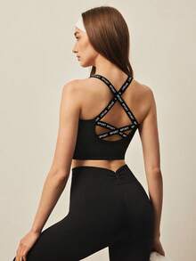 With My Calm 字母印花交叉露背夏季吊带背心 - 黑色 - 查看 1