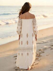 Balvessa Women's Geometric Pattern Off-Shoulder Lantern Sleeve Dress, Suitable For Vacation - Multicolor - View 2