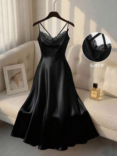 GlowEve CURVE Plus Size Solid Color Lace Patchwork Fitted Elegant Slip Dress