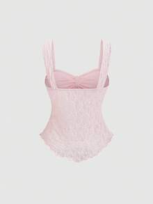 Sweetra Petite Áo tank top ngắn tay màu hồng nhạt ngọt ngào, thắt nơ ren, dáng bất đối xứng, tôn dáng, thích hợp cho kỳ nghỉ xuân/hè, dành cho phụ nữ nhỏ nhắn. - Hồng - Xem 2