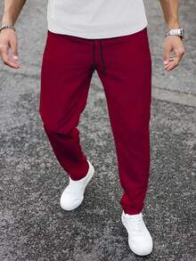 Manfinity Homme Pantalones casuales de hombre con cordón en la cintura y unicolor - Rojo - Ver 3