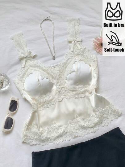 Comfortcana Women's Elegant Lace Patchwork Bow Decor Camisole Top,, Summer Outfit For Women, Satin Lace Splicing Built-In Bra Pads
