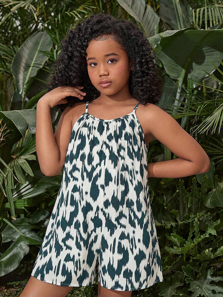 SHEIN Bộ jumpsuit họa tiết da báo dáng rộng, thời trang thường ngày cho bé gái tuổi teen, thích hợp đi nghỉ mát. - màu xanh lá - Xem 1