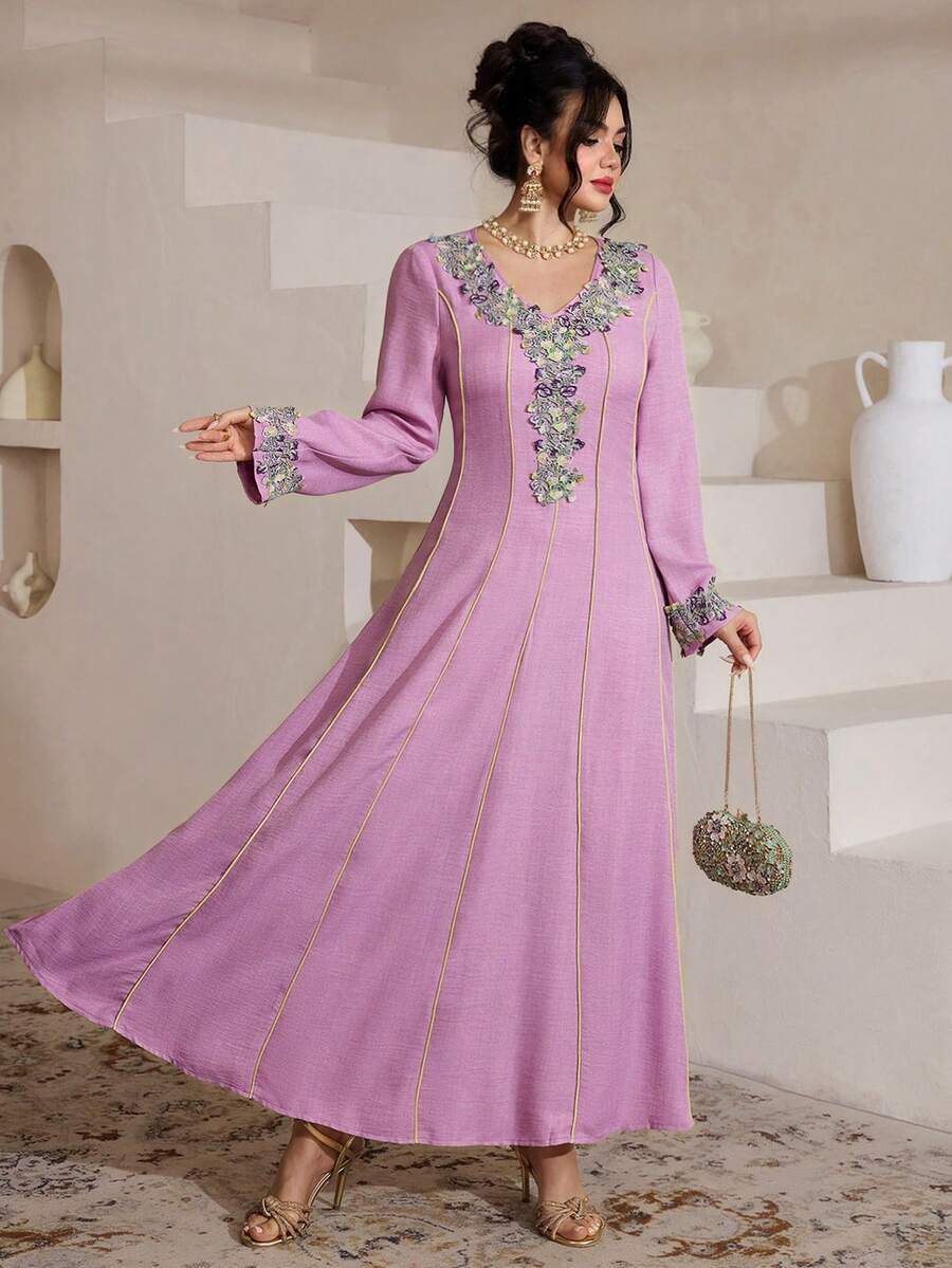 Modelyn Embroidered Trim Patchwork Elegant Modest Plus Size Long Sleeve Dress Wedding Purple Autumn - Hot Pink - View 1
