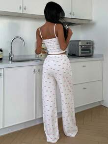 SHEIN Women's Sleepwear Set, Pink Bow Print, Lace Trim V-Neck Camisole And Long Pants - White - View 3