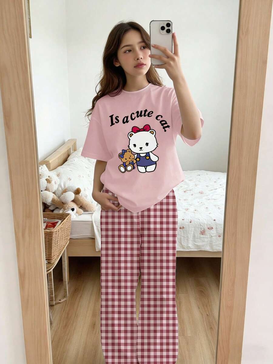 少女休闲宽松简约圆领短袖长裤睡衣套装,适合春夏穿着 - 彩色 - 查看 1