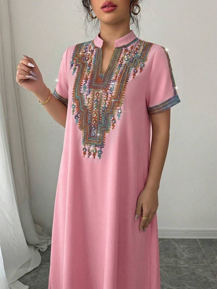 Rafferiza Contrast Color Embroidery Stand Collar Rhinestone Decor Loose Long Dress For Women - Pink - View 1