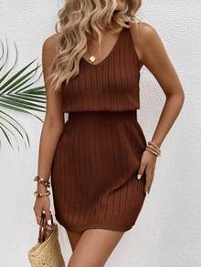 EMERY ROSE Fashionable Versatile Hollow Crochet V-Neck Women Sweater Dress - Brown - View 6